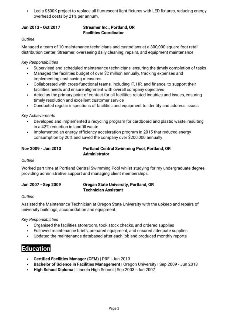 Facilities Coordinator Resume 2