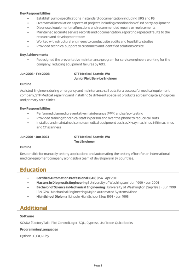 resume field service engineer