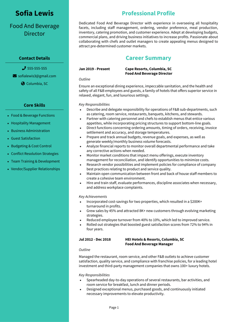 Food and Beverage Director Resume 1