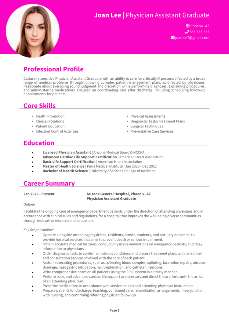 Graduate Physician Assistant Resume 1