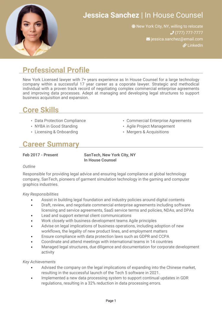 In House Legal Counsel resume example + guide [Get top job]