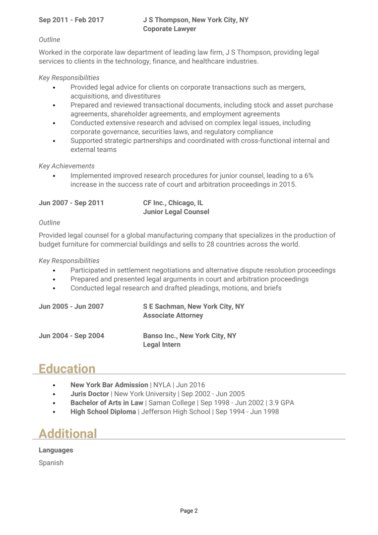 In House Legal Counsel Resume 2