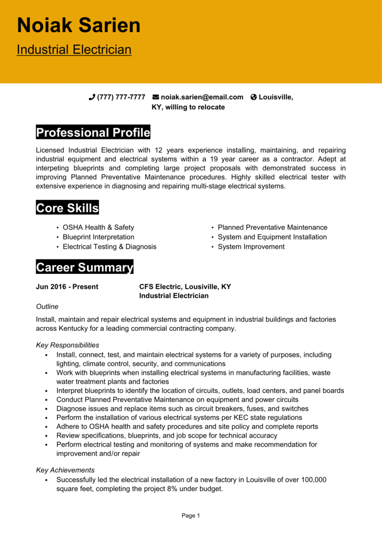 Industrial Electrician Resume Example Guide Get Top Jobs   Industrial Electrician Resume 1 