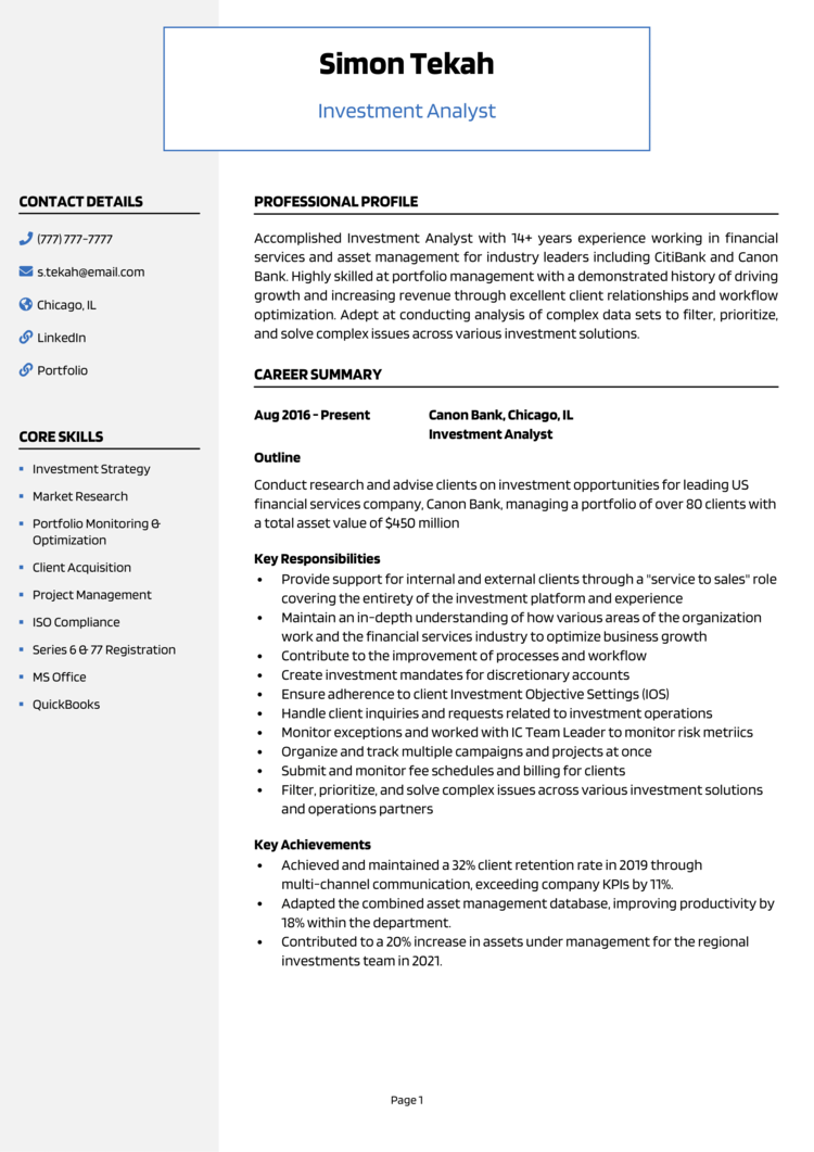 Investment Analyst Resume Example Guide Land Top Jobs   Investment Analyst Resume 1 