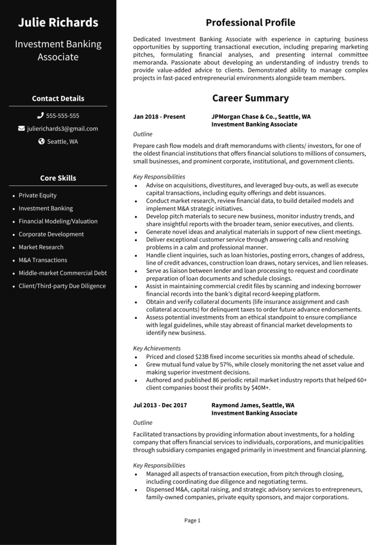 resume samples for investment banking