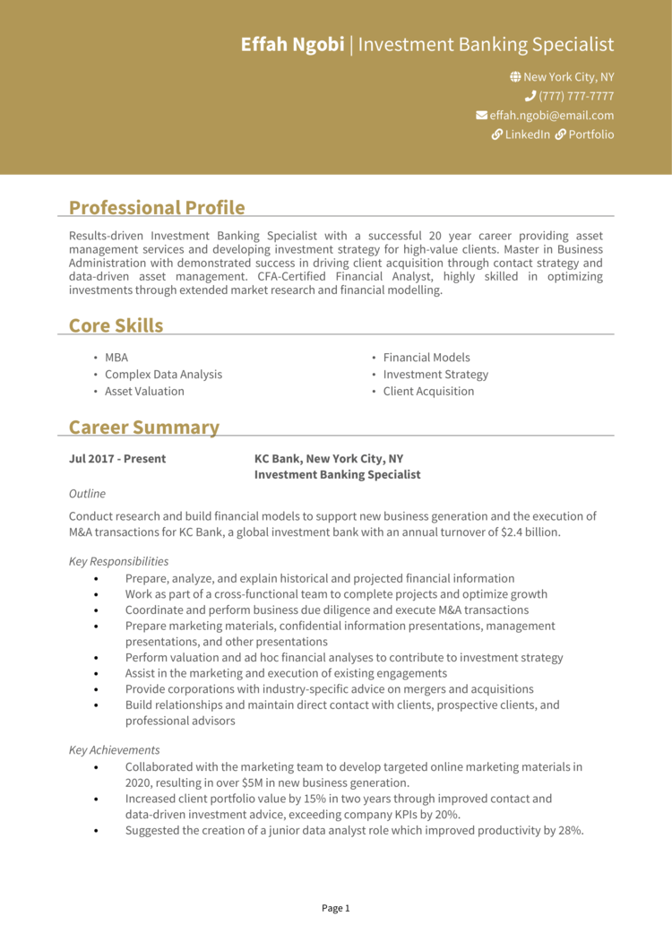 Investment Banking Specialist Resume 1