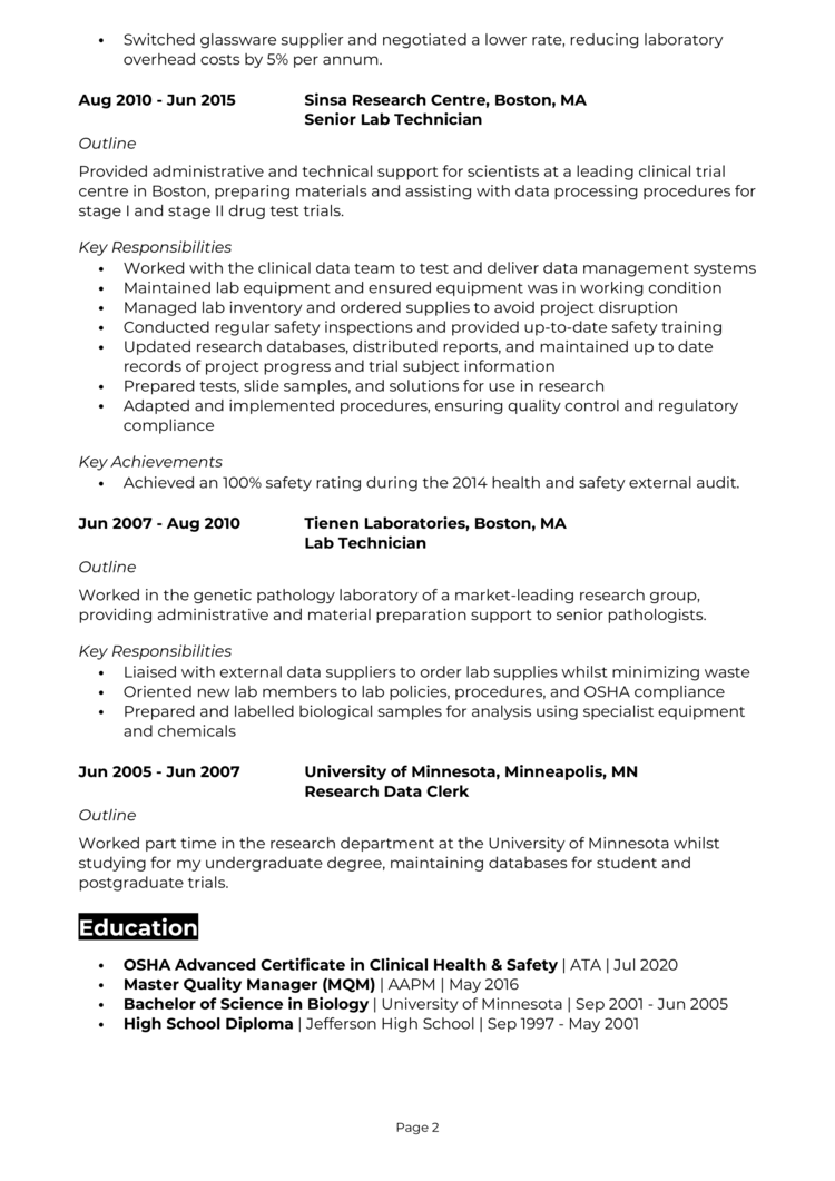 sample resume lab manager