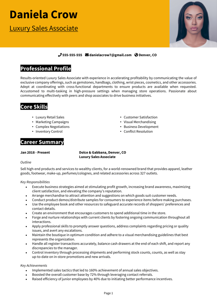 Retail Sales Representative Resume