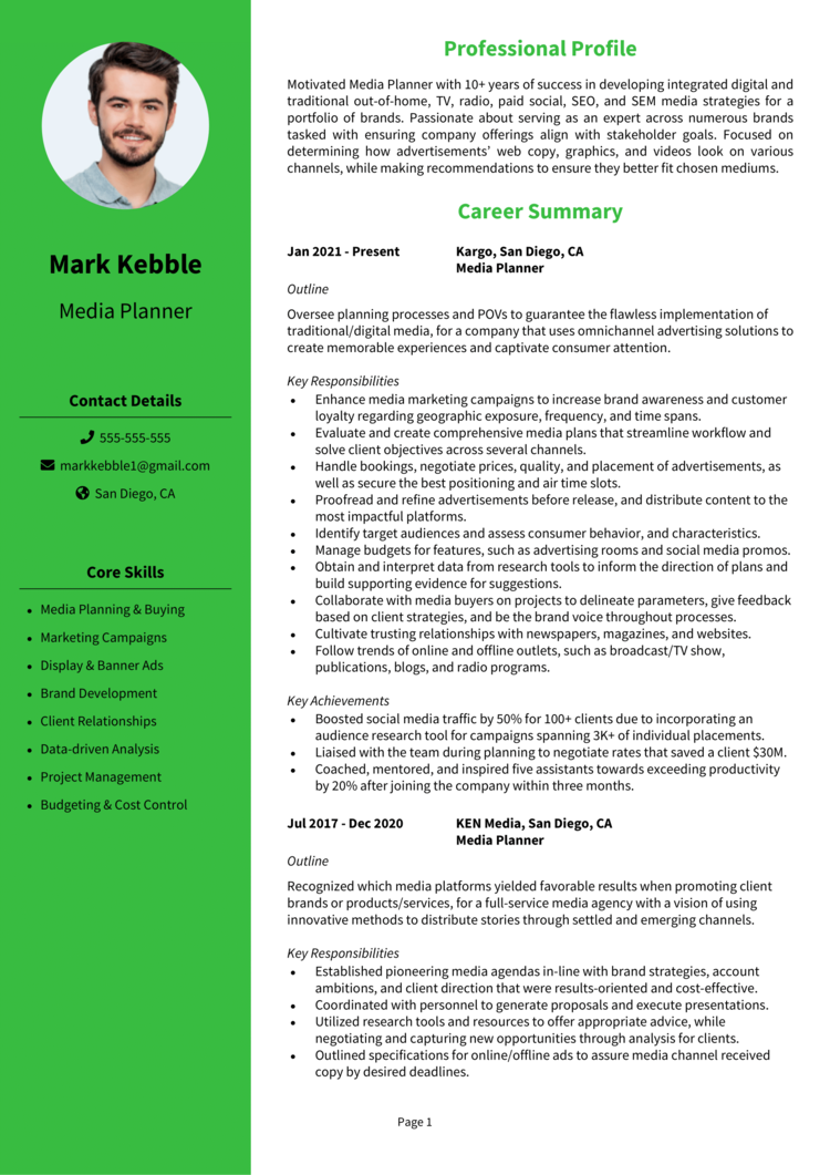 Media Planner resume example + guide [Land job interviews]