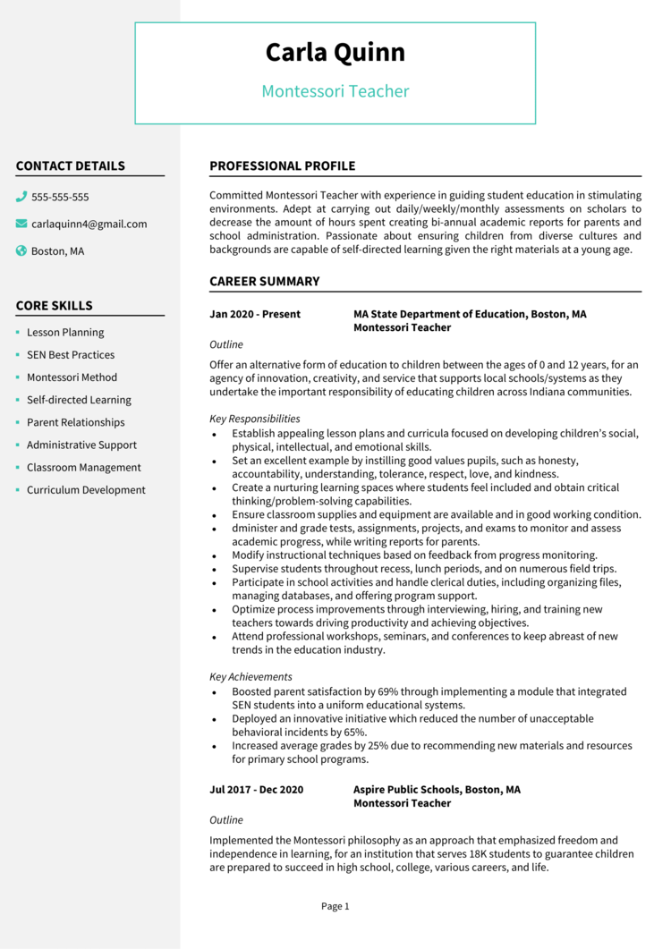 Montessori Teacher resume example + guide [Land interviews]