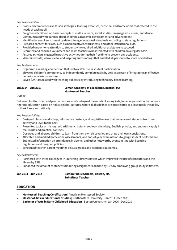 Montessori Teacher Resume Example Guide Zipjob 7533