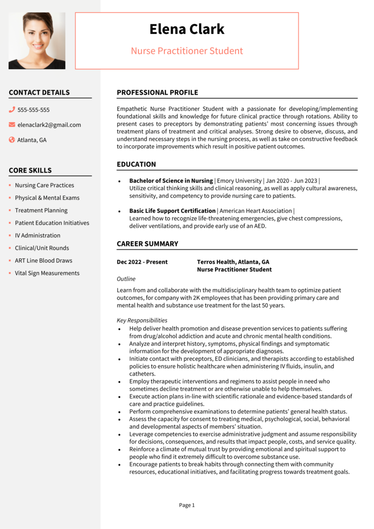 Nurse Practitioner Student Resume 1