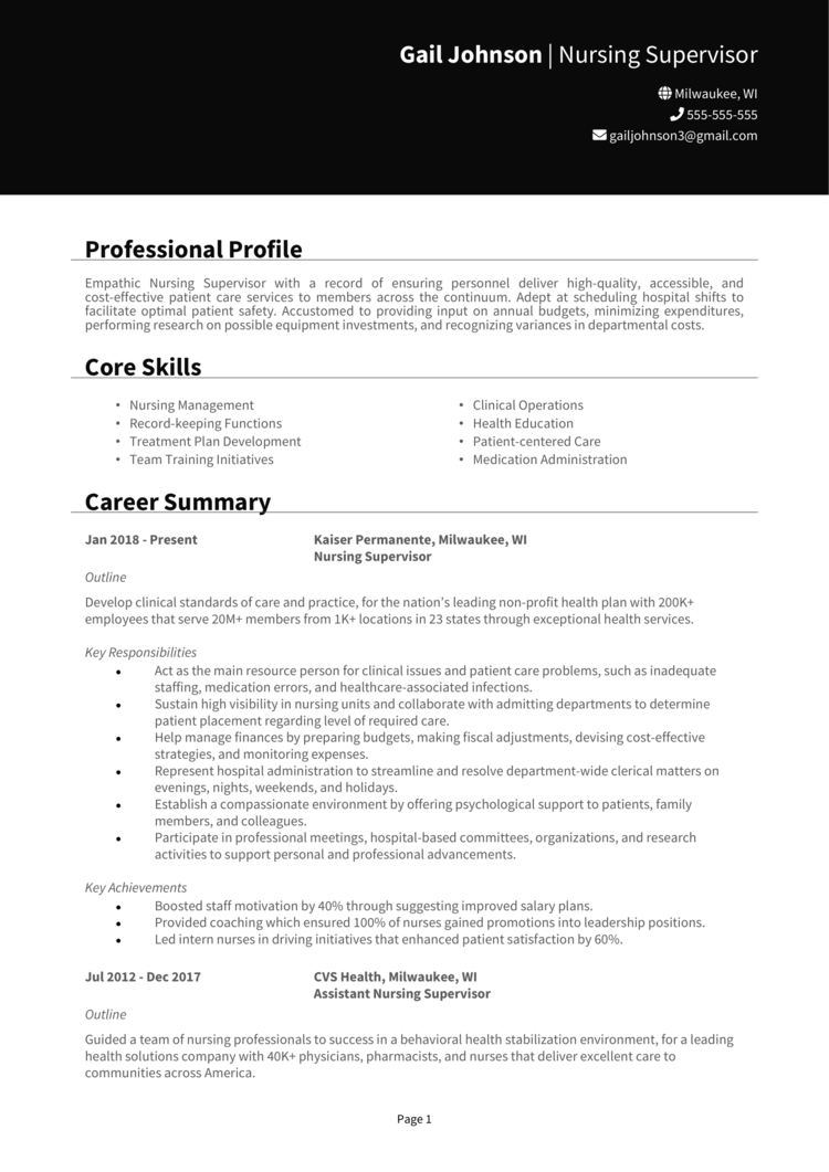 resume objective for nursing supervisor