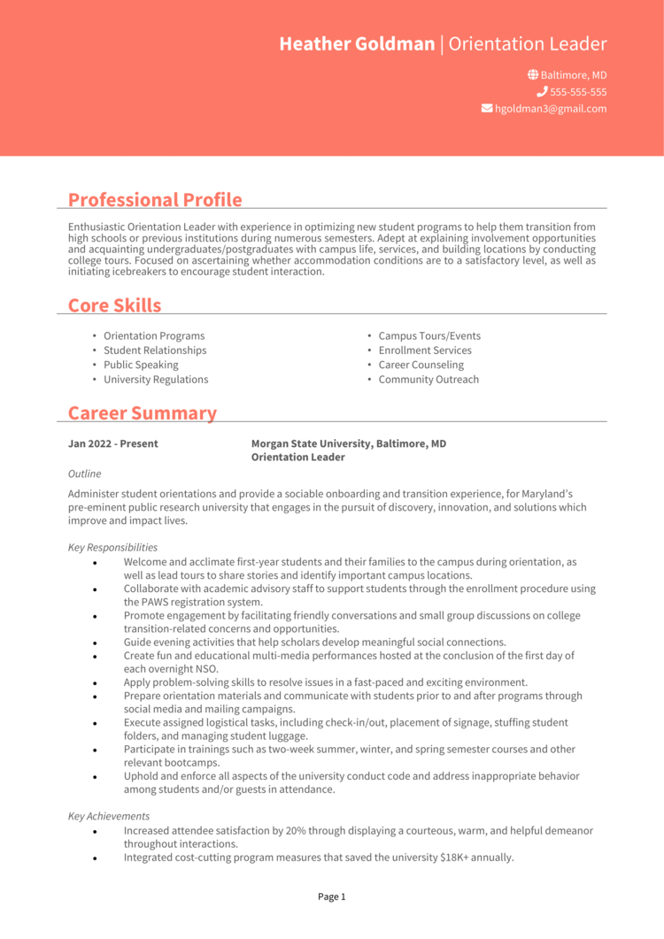 Orientation Leader Resume 1