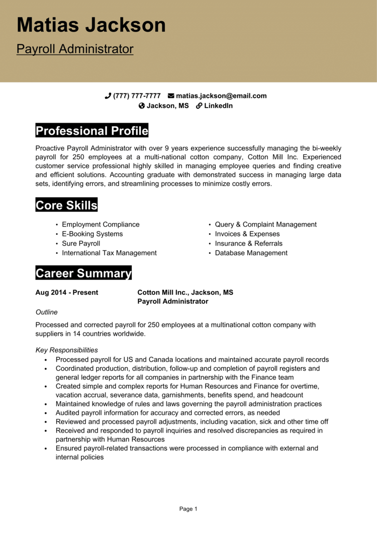 sample resume objectives for payroll position