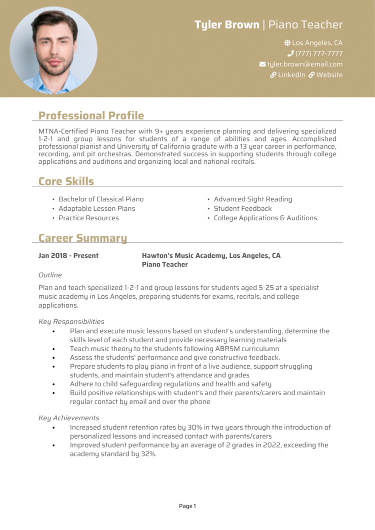 Piano Teacher Resume 1