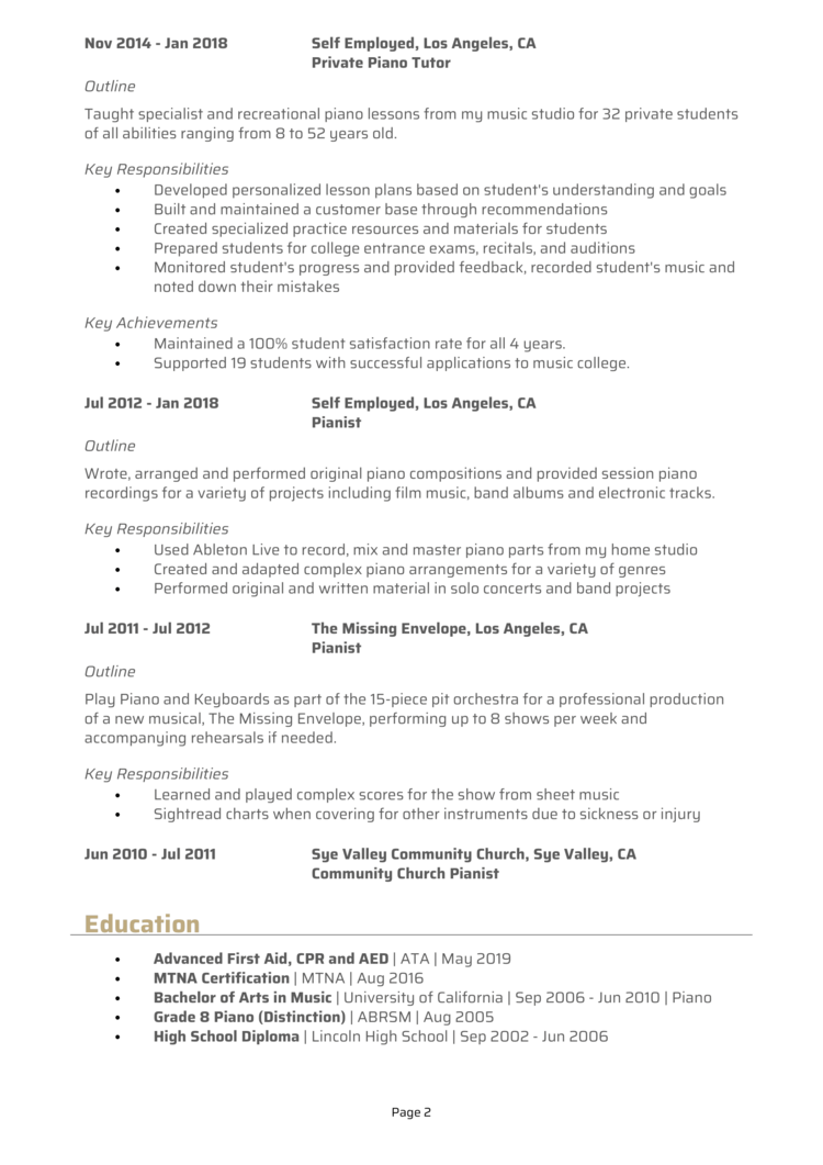 Piano Teacher Resume 2