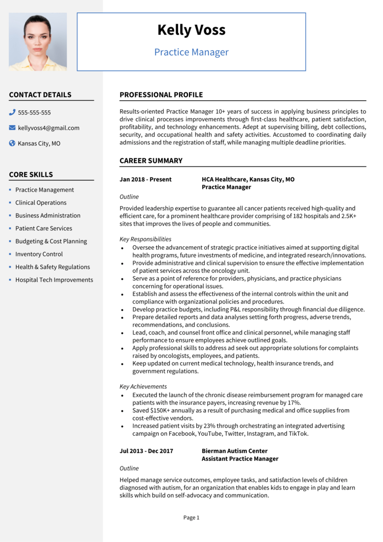 Practice Manager Resume Example Guide Get Noticed   Practice Manager Resume 1 