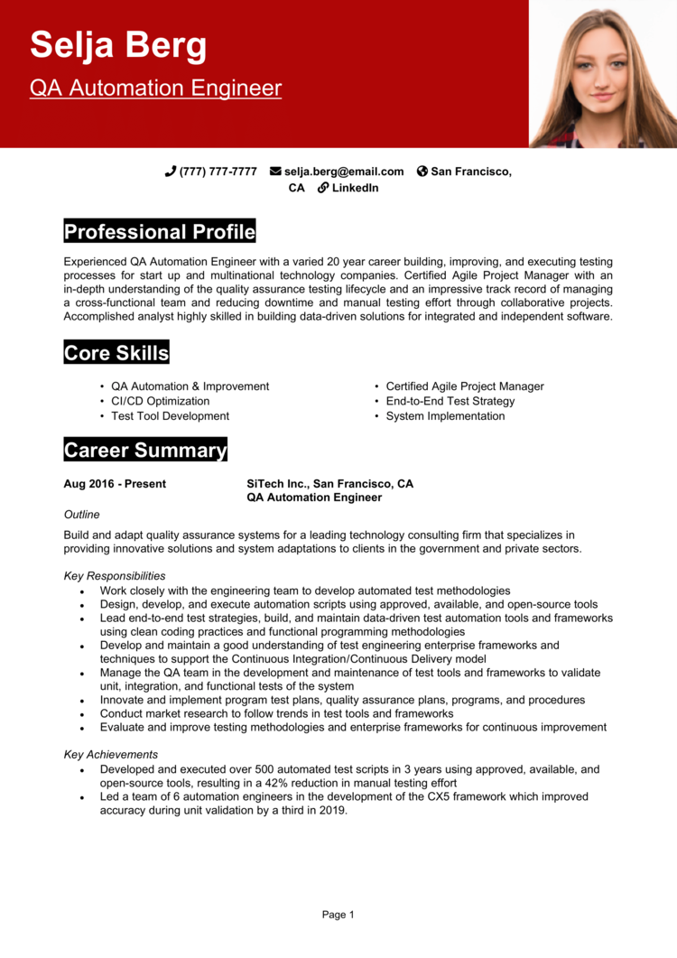 QA Automation Engineer (Quality Assurance) resume example