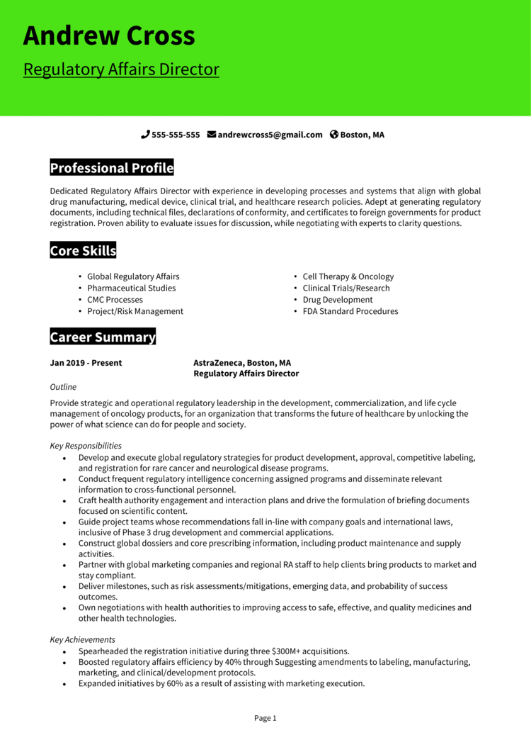 Regulatory Affairs Resume 1