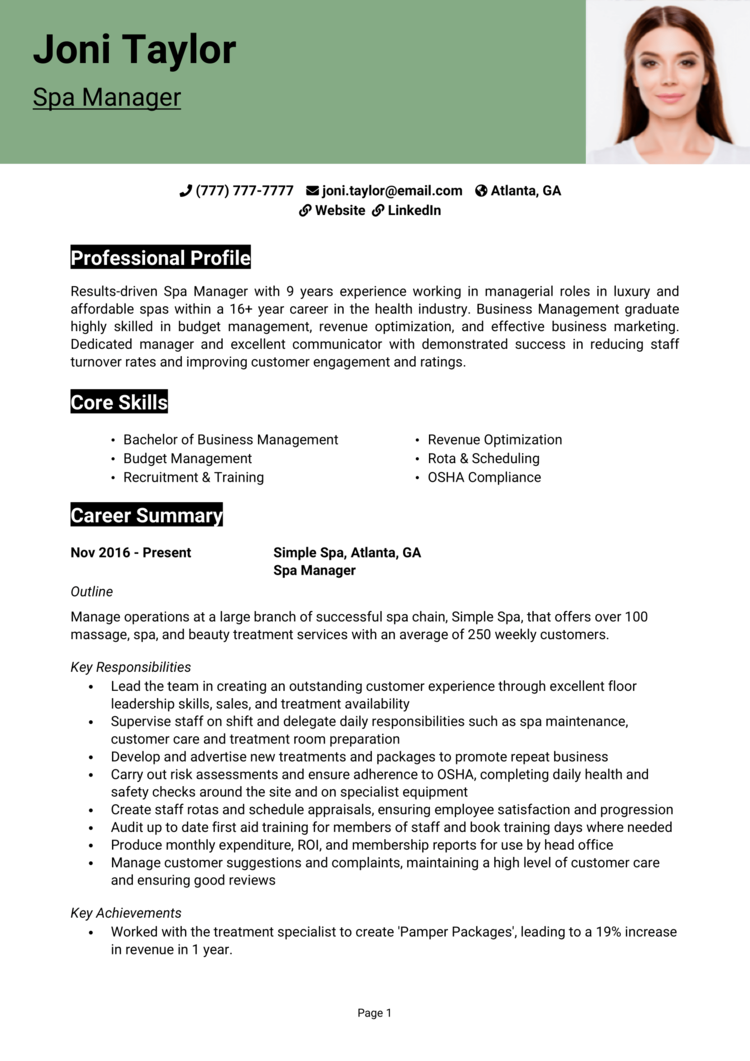 Spa Manager Resume Example Guide Get A Great Job   Spa Manager Resume 1 