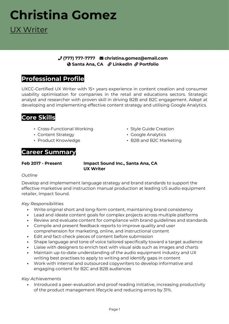 UX Writer resume example (User Experience) [Get a great job]