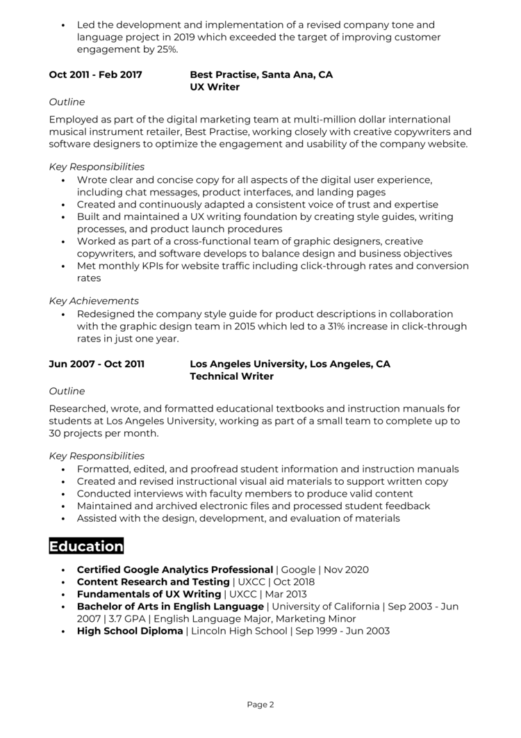 UX Writer resume example (User Experience) [Get a great job]