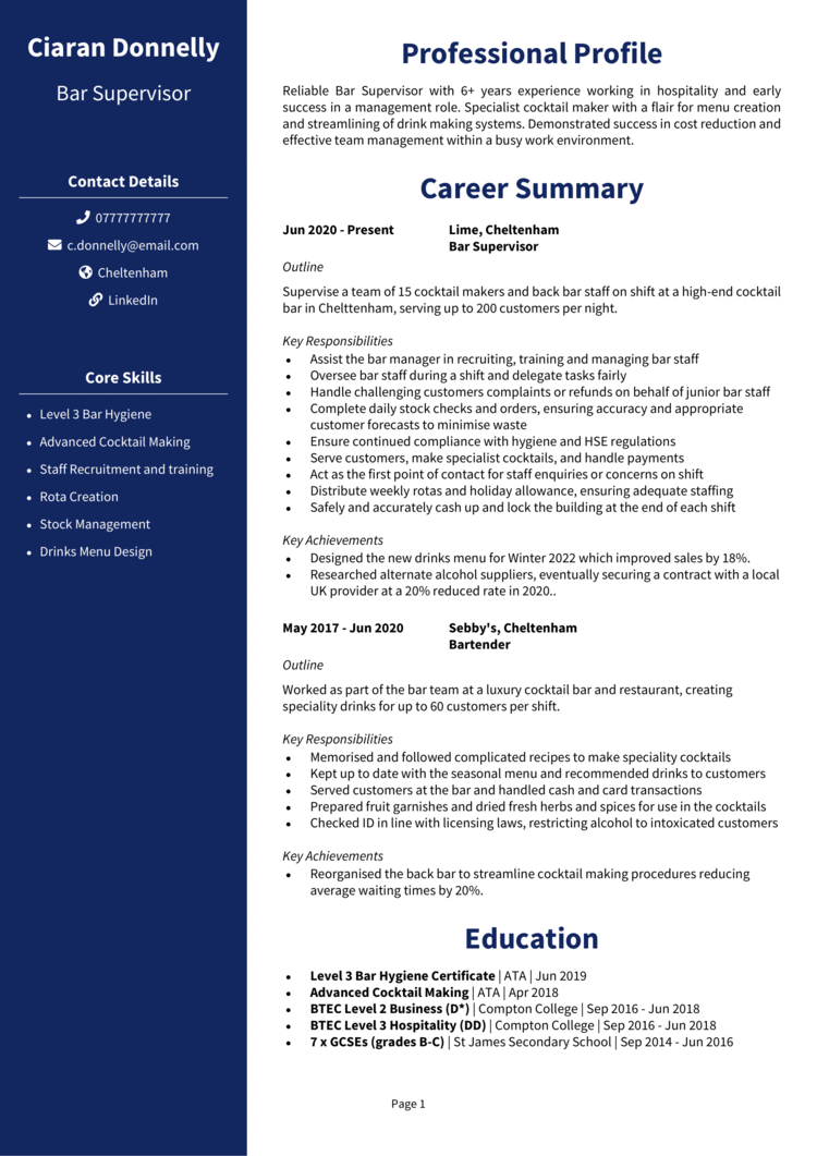 personal statement cv for bar work