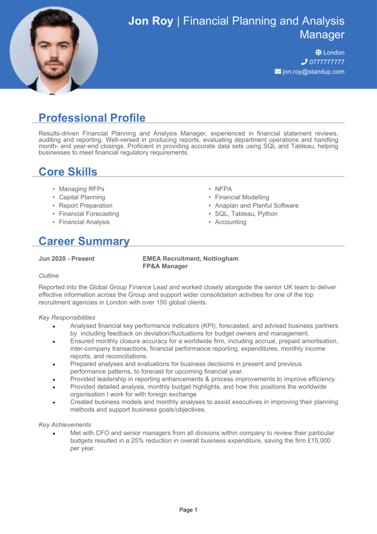 FP&A Manager CV example (Financial Planning & Analysis)