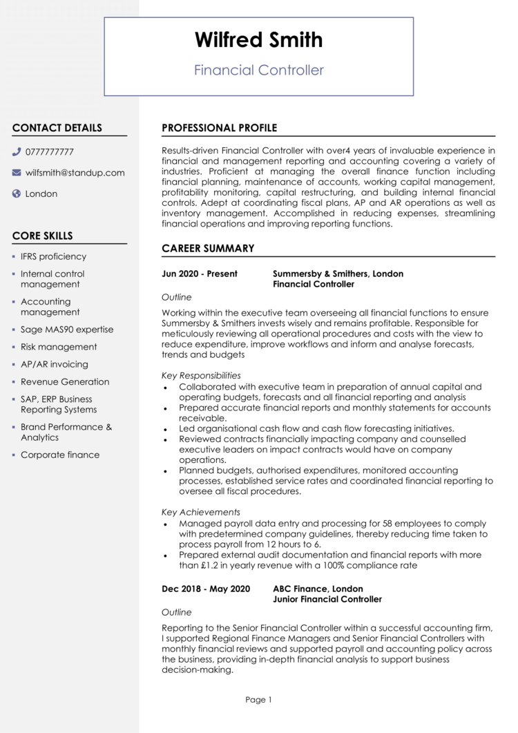 Financial Controller CV Example Guide Land Great Jobs   Financial Controller CV 1 