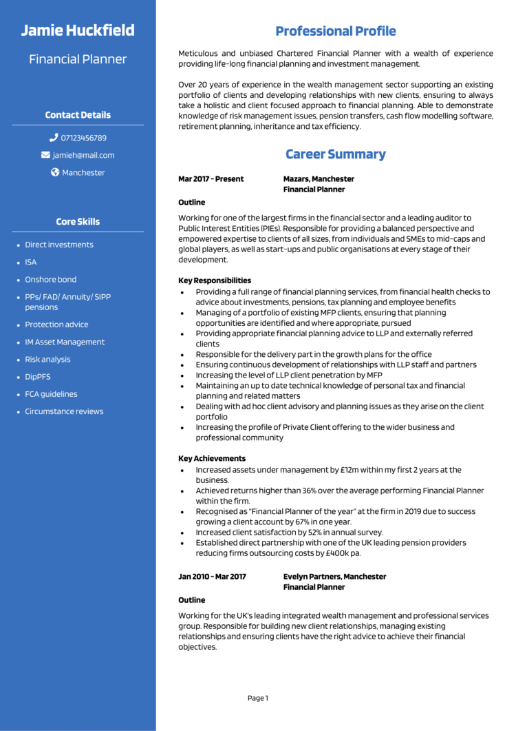 Financial Planner CV example + guide [Land interviews]