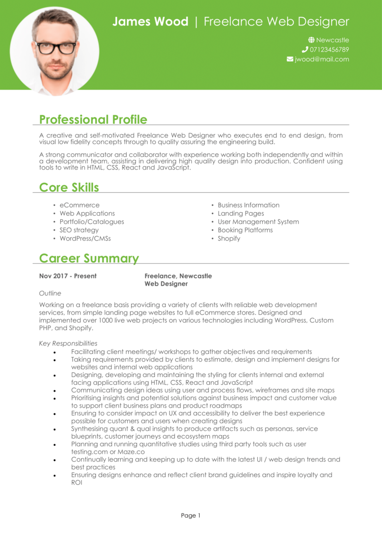 Freelance Web Designer CV 1