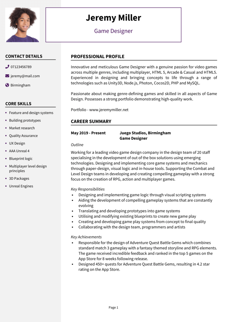 Game Design CV 1