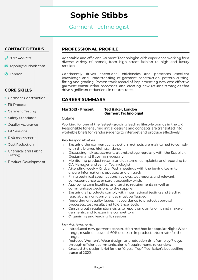 Garment Technologist CV 1