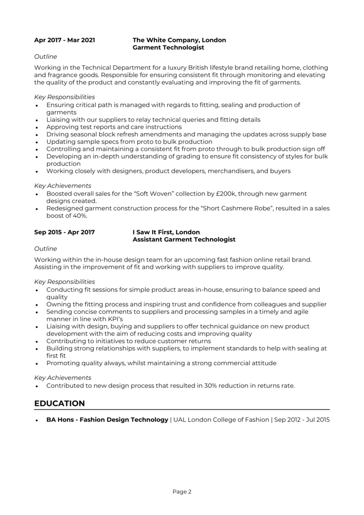 Garment Technologist CV 2