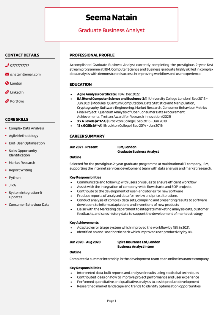 Modern graduate CV template