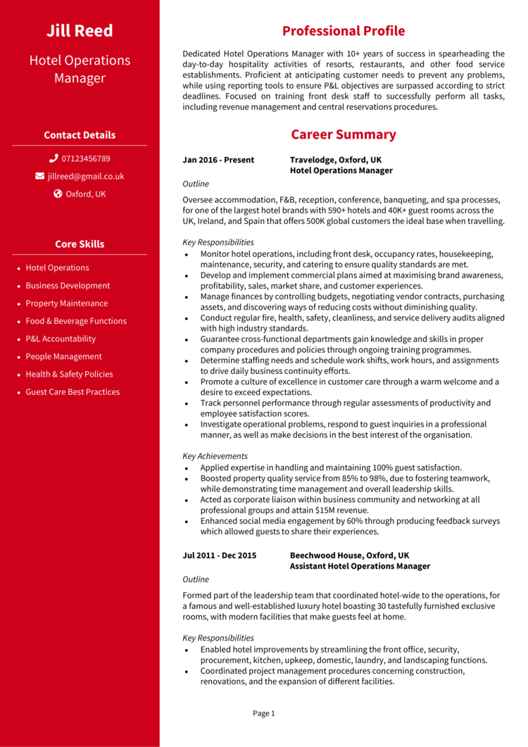 Hotel Operations Manager CV 1