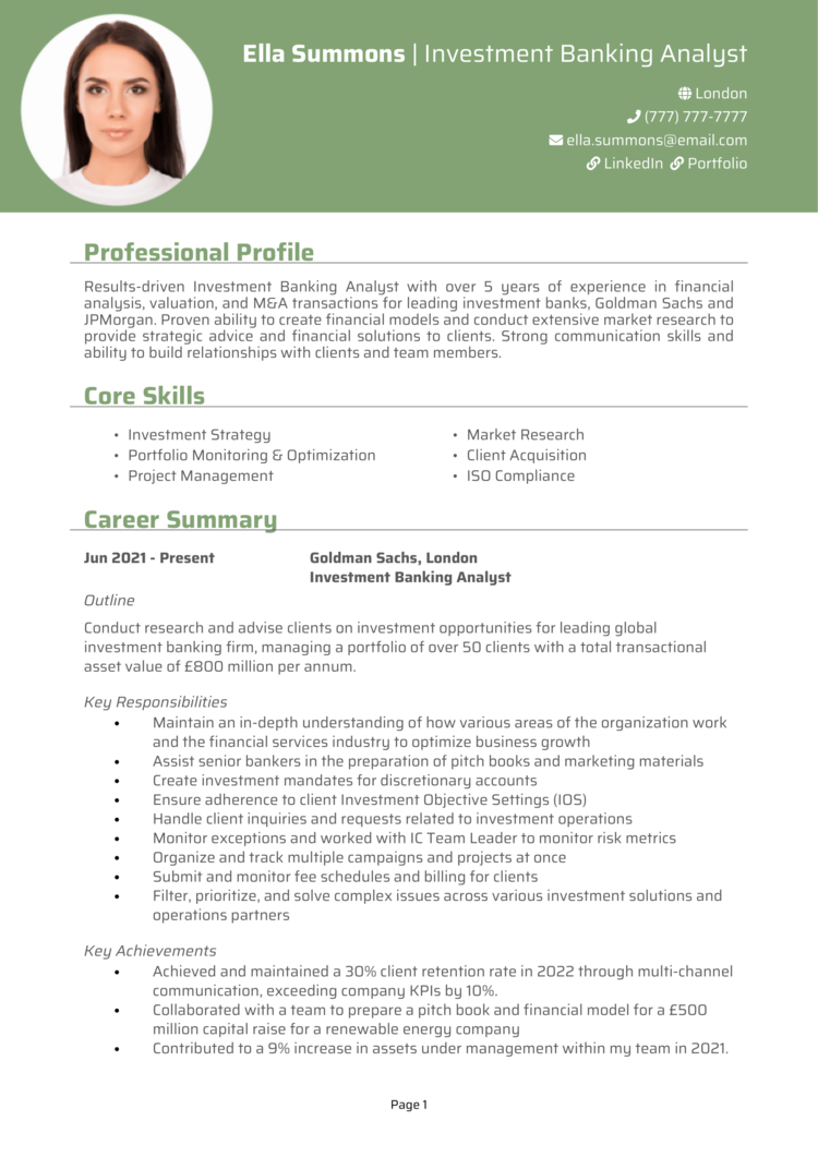 Investment Banking Analyst CV Example Guide Win Top Jobs   Investment Banking Analyst CV 1 