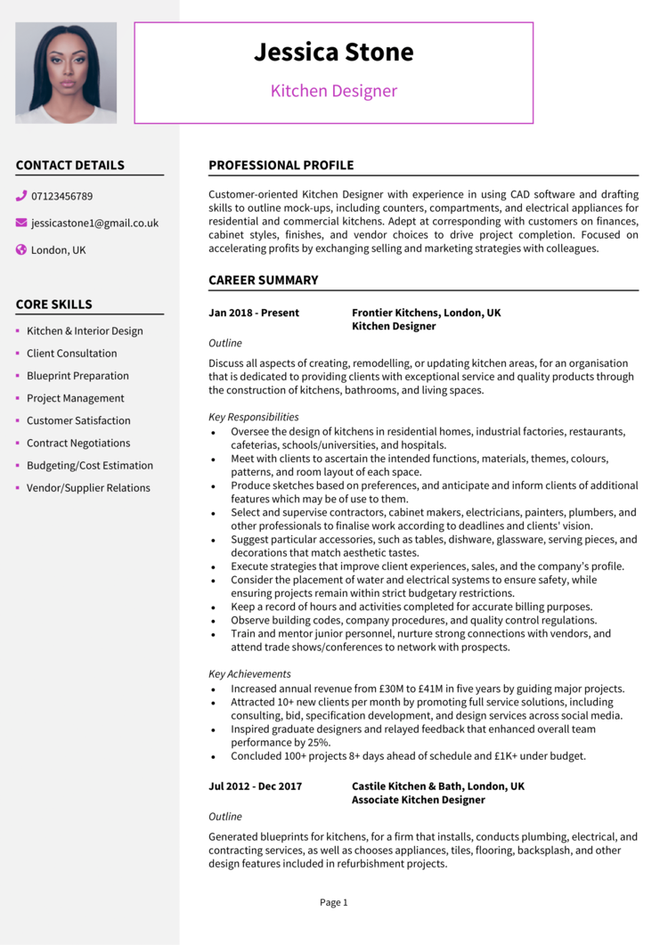 Kitchen Designer CV example + guide [Get noticed]