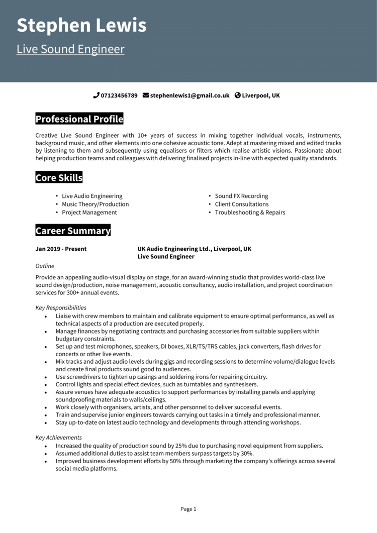 Live Sound Engineer CV 1