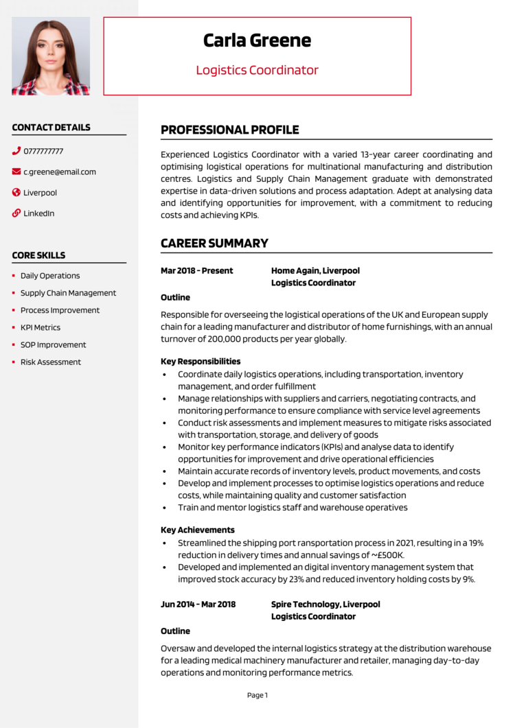 Logistics Coordinator CV Example Guide Get Noticed   Logistic Coordinator CV 1 