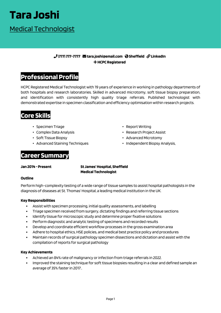 medical technologist resume examples