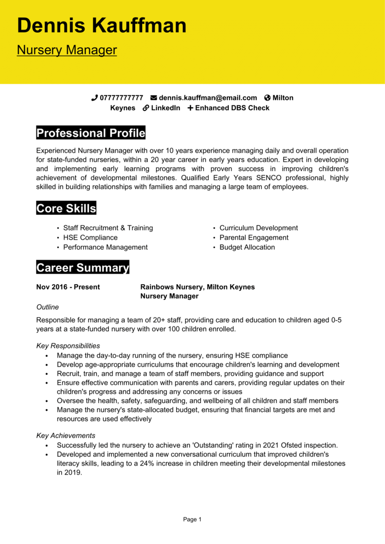 Nursery Manager CV 1