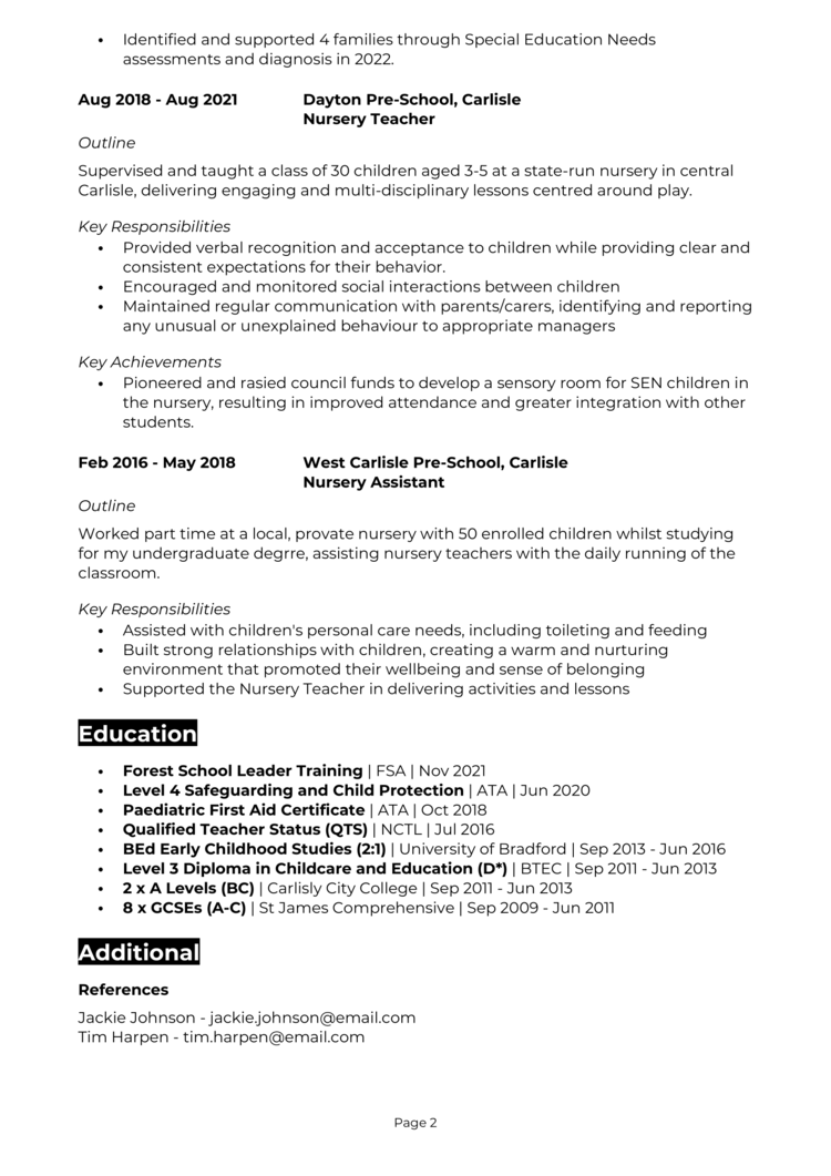 resume format of nursery teacher