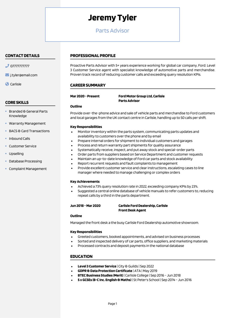 Parts Advisor CV 1