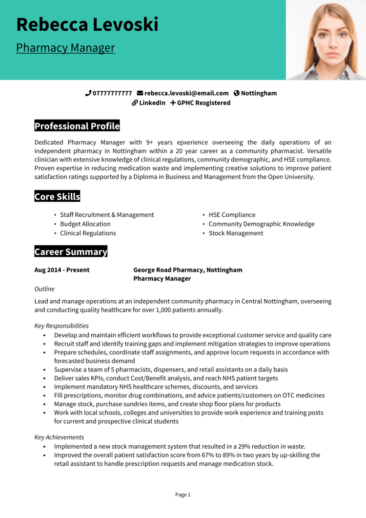 Pharmacy Manager CV example + guide [Get hired quick]