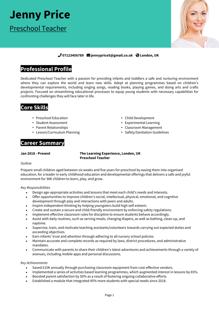 Preschool Teacher CV example + guide [Get hired fast]