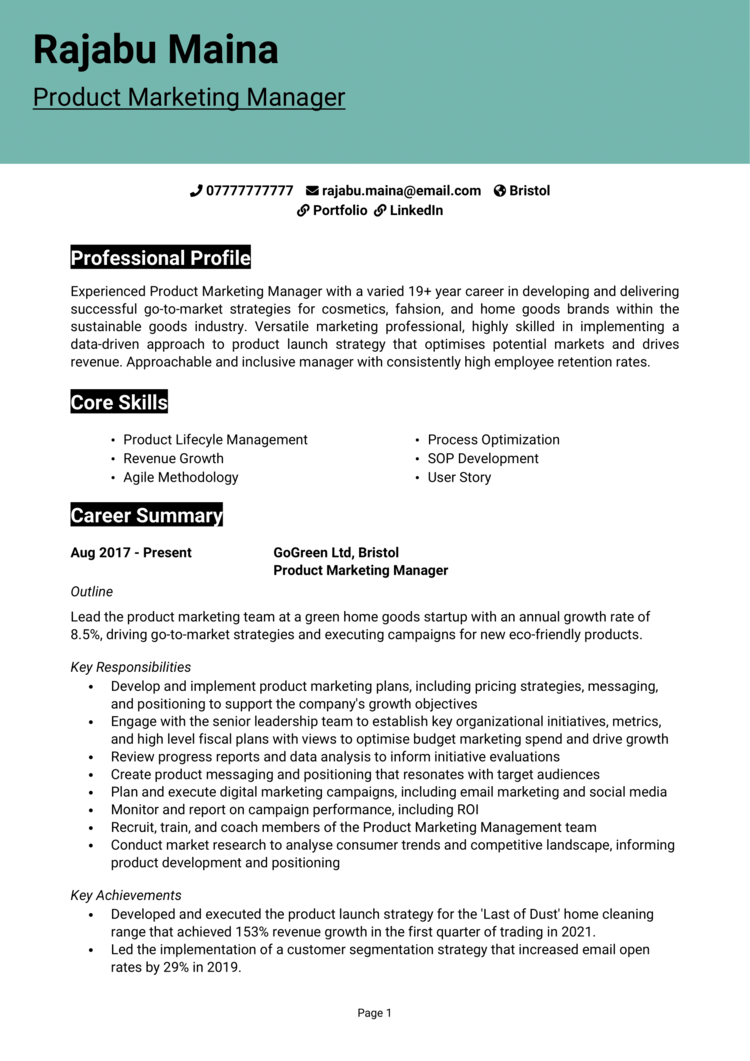 Product Marketing Manager CV 1