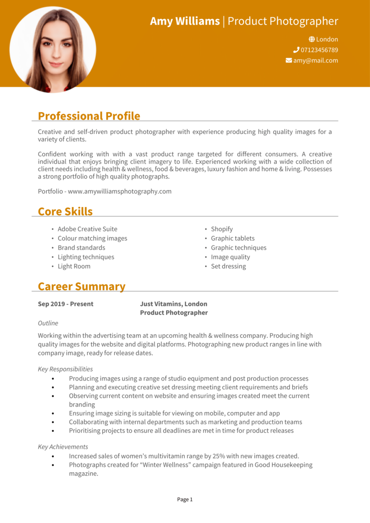 Product Photographer CV 1