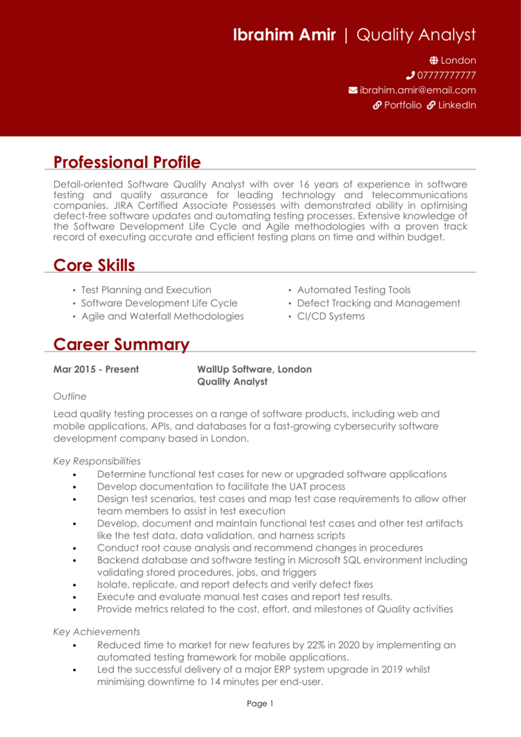 Quality Analyst CV 1